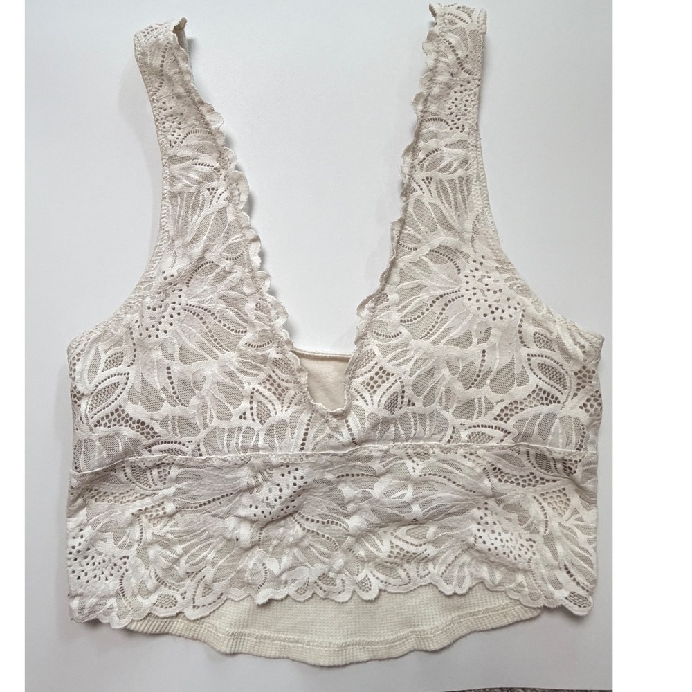 Aerie Cream Floral Lace Waffle Knit Bralette‎ Crop Top Small Boho V-Neck